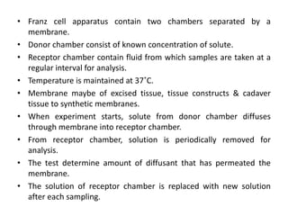 • Franz cell apparatus contain two chambers separated by a
membrane.
• Donor chamber consist of known concentration of solute.
• Receptor chamber contain fluid from which samples are taken at a
regular interval for analysis.
• Temperature is maintained at 37˚C.
• Membrane maybe of excised tissue, tissue constructs & cadaver
tissue to synthetic membranes.
• When experiment starts, solute from donor chamber diffuses
through membrane into receptor chamber.
• From receptor chamber, solution is periodically removed for
analysis.
• The test determine amount of diffusant that has permeated the
membrane.
• The solution of receptor chamber is replaced with new solution
after each sampling.
 