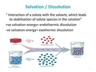 Solvation / Dissolution
“ Interaction of a solute with the solvent, which leads
to stabilization of solute species in the solution”
+ve solvation energy= endothermic dissolution
-ve solvation energy= exothermic dissolution
7
 