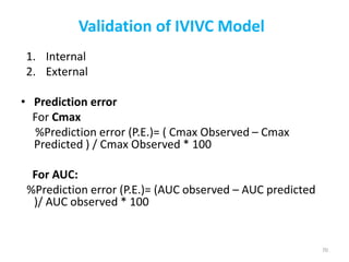 Validation of IVIVC Model
1. Internal
2. External
• Prediction error
For Cmax
%Prediction error (P.E.)= ( Cmax Observed – Cmax
Predicted ) / Cmax Observed * 100
For AUC:
%Prediction error (P.E.)= (AUC observed – AUC predicted
)/ AUC observed * 100
70
 