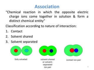 Association
“Chemical reaction in which the opposite electric
charge ions come together in solution & form a
distinct chemical entity”
Classification according to nature of interaction:
1. Contact
2. Solvent shared
3. Solvent separated
8
 