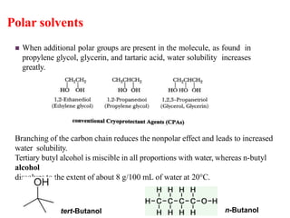Polar solvents
 When additional polar groups are present in the molecule, as found in
propylene glycol, glycerin, and tartaric acid, water solubility increases
greatly.
Branching of the carbon chain reduces the nonpolar effect and leads to increased
water solubility.
Tertiary butyl alcohol is miscible in all proportions with water, whereas n-butyl
alcohol
dissolves to the extent of about 8 g/100 mL of water at 20°C.
tert-Butanol n-Butanol
 