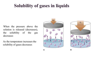 When the pressure above the
solution is released (decreases),
the solubility of the gas
decreases
As the temperature increases the
solubility of gases decreases
Solubility of gases in liquids
 