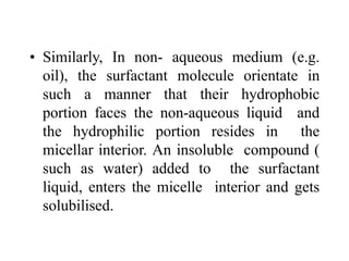 • Similarly, In non- aqueous medium (e.g.
oil), the surfactant molecule orientate in
such a manner that their hydrophobic
portion faces the non-aqueous liquid and
the hydrophilic portion resides in the
micellar interior. An insoluble compound (
such as water) added to the surfactant
liquid, enters the micelle interior and gets
solubilised.
 