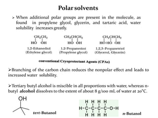 Polarsolvents
 When additional polar groups are present in the molecule, as
found in propylene glycol, glycerin, and tartaric acid, water
solubility increases greatly.
Branching of the carbon chain reduces the nonpolar effect and leads to
increased water solubility.
Tertiary butyl alcohol is miscible in all proportions with water, whereas n-
butyl alcohol dissolves to the extent of about 8 g/100 mL of water at 20°C.
tert-Butanol n-Butanol
 