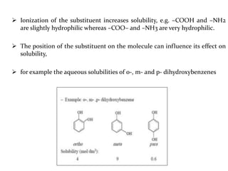  Ionization of the substituent increases solubility, e.g. –COOH and –NH2
are slightly hydrophilic whereas –COO– and –NH3 are very hydrophilic.
 The position of the substituent on the molecule can influence its effect on
solubility,
 for example the aqueous solubilities of o-, m- and p- dihydroxybenzenes
 