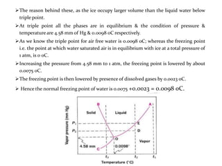 The reason behind these, as the ice occupy larger volume than the liquid water below
triple point.
At triple point all the phases are in equilibrium & the condition of pressure &
temperature are 4.58 mm of Hg & 0.0098 0C respectively.
As we know the triple point for air free water is 0.0098 0C; whereas the freezing point
i.e. the point at which water saturated air is in equilibrium with ice at a total pressure of
1 atm, is 0 0C.
Increasing the pressure from 4.58 mm to 1 atm, the freezing point is lowered by about
0.0075 0C.
The freezing point is then lowered by presence of dissolved gases by 0.0023 0C.
 Hence the normal freezing point of water is 0.0075 +0.0023 = 0.0098 0C.
 