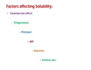 Factors affecting Solubility:Factors affecting Solubility:
• Common ion effect:
– Temperature:
– Pressure:
• pH:
• Solvents:
• Particle size:
 
