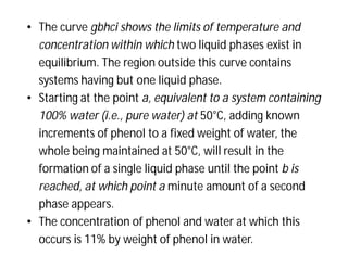 • The curve gbhci shows the limits of temperature and
concentration within which two liquid phases exist in
equilibrium. The region outside this curve contains
systems having but one liquid phase.
• Starting at the point a, equivalent to a system containing
100% water (i.e., pure water) at 50°C, adding known
increments of phenol to a fixed weight of water, the
whole being maintained at 50°C, will result in the
formation of a single liquid phase until the point b is
reached, at which point a minute amount of a second
phase appears.
• The concentration of phenol and water at which this
occurs is 11% by weight of phenol in water.
 