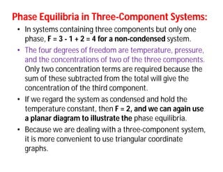 Phase Equilibria in ThreePhase Equilibria in Three--Component Systems:Component Systems:
• In systems containing three components but only one
phase, F = 3 - 1 + 2 = 4 for a non-condensed system.
• The four degrees of freedom are temperature, pressure,
and the concentrations of two of the three components.
Only two concentration terms are required because the
sum of these subtracted from the total will give the
concentration of the third component.
• If we regard the system as condensed and hold the
temperature constant, then F = 2, and we can again use
a planar diagram to illustrate the phase equilibria.
• Because we are dealing with a three-component system,
it is more convenient to use triangular coordinate
graphs.
 