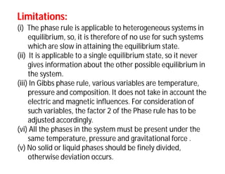 Limitations:Limitations:
(i) The phase rule is applicable to heterogeneous systems in
equilibrium, so, it is therefore of no use for such systems
which are slow in attaining the equilibrium state.
(ii) It is applicable to a single equilibrium state, so it never
gives information about the other possible equilibrium in
the system.
(iii) In Gibbs phase rule, various variables are temperature,
pressure and composition. It does not take in account the
electric and magnetic influences. For consideration of
such variables, the factor 2 of the Phase rule has to be
adjusted accordingly.
(vi) All the phases in the system must be present under the
same temperature, pressure and gravitational force .
(v) No solid or liquid phases should be finely divided,
otherwise deviation occurs.
 