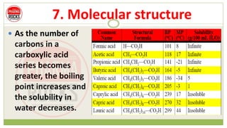 7. Molecular structure
 As the number of
carbons in a
carboxylic acid
series becomes
greater, the boiling
point increases and
the solubility in
water decreases.
 
