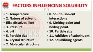 FACTORS INFLUENCING SOLUBILITY
 1. Temperature
 2. Nature of solvent
 (like dissolves like)
 3. Pressure
 4. pH
 5. Particle size
 6. Crystal structure
 7. Molecular structure
 8. Solute- solvent
interactions
 9. Melting point and
boiling point.
 10. Particle size
 11. Addition of substituent
 12. Solubilizing agents
 