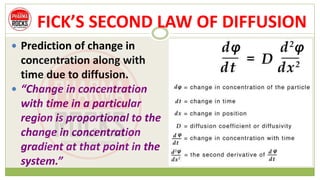 FICK’S SECOND LAW OF DIFFUSION
 Prediction of change in
concentration along with
time due to diffusion.
 “Change in concentration
with time in a particular
region is proportional to the
change in concentration
gradient at that point in the
system.”
 
