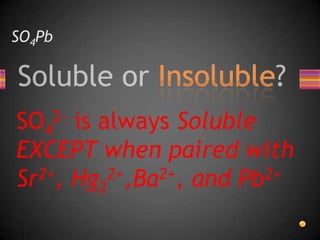 SO4PbSO42- is always Soluble EXCEPT when paired with Sr2+, Hg22+,Ba2+, and Pb2+
