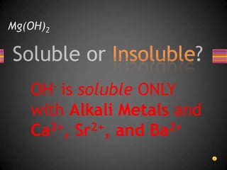 Mg(OH)2OH- is soluble ONLY with Alkali Metals and Ca2+, Sr2+, and Ba2+