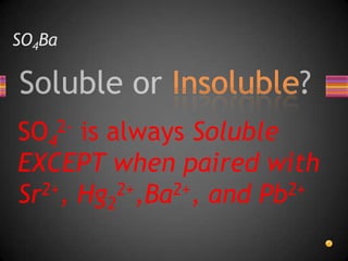 SO4BaSO42- is always Soluble EXCEPT when paired with Sr2+, Hg22+,Ba2+, and Pb2+
