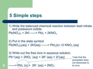 5 Simple steps 1) Write the balanced chemical reaction between lead nitrate and potassium iodide. Pb(NO 3 ) 2  + 2KI -----> PbI 2  + 2KNO 3 2) Put in the state symbol Pb(NO 3 ) 2 (aq) + 2KI(aq) ------> PbI 2 (s) +2 KNO 3  (aq) 3) Write out the free ions in aqueous solution. Pb 2+ (aq) + 2NO 3 -  (aq) + 2K +  (aq) + 2I - (aq)  ------> PbI 2  (s) +  2K +  (aq) + 2NO 3 - *note that the precipitate does not dissociate to its ions. 