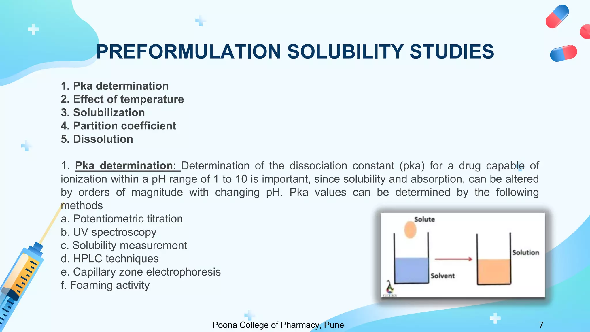 PREFORMULATION SOLUBILITY STUDIES
1. Pka determination
2. Effect of temperature
3. Solubilization
4. Partition coefficient
5. Dissolution
1. Pka determination: Determination of the dissociation constant (pka) for a drug capable of
ionization within a pH range of 1 to 10 is important, since solubility and absorption, can be altered
by orders of magnitude with changing pH. Pka values can be determined by the following
methods
a. Potentiometric titration
b. UV spectroscopy
c. Solubility measurement
d. HPLC techniques
e. Capillary zone electrophoresis
f. Foaming activity
Poona College of Pharmacy, Pune 7
 
