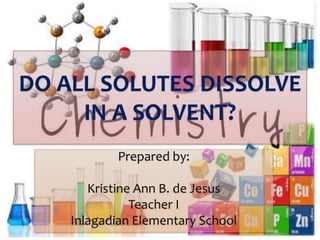 DO ALL SOLUTES DISSOLVE
IN A SOLVENT?
Prepared by:
Kristine Ann B. de Jesus
Teacher I
Inlagadian Elementary School
 
