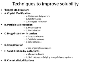Techniques to improve solubility
I. Physical Modifications
• A. Crystal Modification
• a. Metastable Polymorphs
• b. Salt formation
• C. Co-crystal formation
• B. Particle size reduction
• a. Micronization
• b. Nanonization
• C. Drug dispersion in carriers
• a. Eutectic mixtures
• b. Solid dispersions
• c. Solid solutions
• D. Complexation
• a. Use of complexing agents
• E. Solubilization by surfactants
• a. Microemulsions
• b. Self microemulsifying drug delivery systems
• II. Chemical Modifications
 