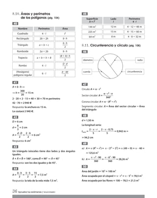 8.10. Áreas y perímetros
de los polígonos (pág. 104)
A‫؍‬b · h ⇒
⇒ h‫؍‬ᎏ
3
2
0
0
0
ᎏ‫؍‬15 m
2 ؒ 20 ؉2 ؒ 15 ‫؍‬40؉30‫؍‬70 m perímetro
42 ؒ 70‫؍‬ 2940 €
Respuesta: la anchura es 15 m.
Le costará 2 940 €.
D ‫؍‬6 cm
d‫؍‬ᎏ
6
3
ᎏ‫؍‬2 cm
A‫؍‬ᎏ
d
2
· D
ᎏ ‫؍‬ᎏ
2
2
ؒ 6
ᎏ ‫؍‬6 cm2
Respuesta: 6 cm2
Un triángulo isósceles tiene dos lados y dos ángulos
iguales.
Â؉ Â؉Bˆ ‫؍‬ 180°, como Bˆ ‫؍‬90° ⇒ Â‫؍‬ 45°
Respuesta: son los dos iguales y de 45°.
A‫؍‬ ᎏ
b
2
· h
ᎏ ‫؍‬ᎏ
3
2
ؒ 5
ᎏ ‫؍‬ᎏ
1
2
5
ᎏ ‫؍‬ 7,5 m2
Respuesta: la tela de la vela mide 7,5 m2
.
44
43
42
41
40
8.11. Circunferencia y círculo (pág. 106)
Círculo: A‫؍‬␲ ؒ r2
Sector circular: A ‫؍‬ᎏ
␲
3
ؒ
6
r2
0
ؒ
°
n
ᎏ
Corona circular: A‫؍‬␲ ؒ (R2
؊r2
)
Segmento circular: A ‫؍‬ Área del sector circular ؊ Área
del triángulo
d‫؍‬1,50 m
La longitud sería:
Larco ‫؍‬ᎏ
2 ؒ
5
␲ ؒ r
ᎏ ‫؍‬ᎏ
2 ؒ ␲
5
ؒ 0,75
ᎏ ‫؍‬0,942 m ‫؍‬
‫؍‬94,2 cm
a) A‫؍‬␲ (R2
؊r2
)‫؍‬ ␲ ؒ (72
؊32
)‫؍‬␲ (49؊9)‫؍‬␲ ؒ 40‫؍‬
‫؍‬125,6 m2
b) A‫؍‬ ᎏ
␲ ؒ
3
r
6
2
0
ؒ 90
ᎏ‫؍‬ᎏ
␲ ؒ
3
6
6
2
0
ؒ 90
ᎏ‫؍‬28,26 m2
Área del jardín‫؍‬102
‫؍‬100 m2
Área ocupada por el césped‫؍‬␲ ؒ r2
‫؍‬␲ ؒ 52
‫؍‬78,5 m2
Área ocupada por las flores ‫؍‬100؊78,5‫؍‬21,5 m2
50
49
48
47
46
45
36 Aprueba tus exámenes / SOLUCIONARIO
Nombre
Cuadrado
Perímetro
4 и l
Área
l2
Rectángulo 2bϩ2h b · h
Triángulo aϩbϩc ᎏ
b
2
· h
ᎏ
Romboide 2aϩ2b b · h
Trapecio aϩ bϩhϩB ᎏ
(Bϩ
2
b)и h
ᎏ
Rombo 4 и l ᎏ
D
2
· d
ᎏ
(Hexágono)
polígono regular
6 и l ᎏ
p и
2
ap
ᎏ
Superficie
A‫؍‬l2
144 m2
Lado
l
12 m
Perímetro
4иI
4 и 12ϭ48 m
225 m2
15 m 4 и 15ϭ60 m
64 m2
8 m 4 и 8ϭ32 m
diámetro
circunferenciacuerda
radio
Int Sol apr Mates 1 ESO.qxd:SOLUCIONARIO APRUEBA MATE 22/07/11 9:51 Página 36
 
