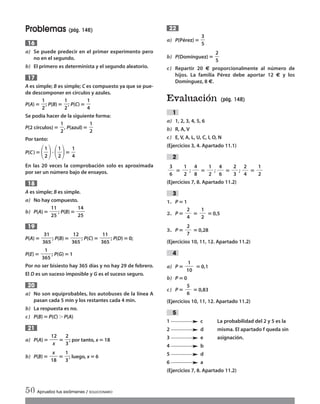 Problemas (pág. 146)
a) Se puede predecir en el primer experimento pero
no en el segundo.
b) El primero es determinista y el segundo aleatorio.
A es simple; B es simple; C es compuesto ya que se pue-
de descomponer en círculos y azules.
P(A)‫؍‬ ; P(B)‫؍‬ ; P(C)‫؍‬
Se podía hacer de la siguiente forma:
P(2 círculos)‫؍‬ , P(azul)‫؍‬
Por tanto:
P(C)‫؍‬ ΂ ΃ؒ΂ ΃‫؍‬
En las 20 veces la comprobación solo es aproximada
por ser un número bajo de ensayos.
A es simple; B es simple.
a) No hay compuesto.
b) P(A)‫؍‬ ; P(B)‫؍‬
P(A)‫؍‬ ; P(B)‫؍‬ ; P(C)‫؍‬ ; P(D)‫؍‬0;
P(E)‫؍‬ ; P(G)‫؍‬ 1
Por no ser bisiesto hay 365 días y no hay 29 de febrero.
El D es un suceso imposible y G es el suceso seguro.
a) No son equiprobables, los autobuses de la línea A
pasan cada 5 min y los restantes cada 4 min.
b) La respuesta es no.
c) P(B)‫؍‬P(C)ϾP(A)
a) P(A)‫؍‬ ‫؍‬ ; por tanto, x ‫؍‬ 18
b) P(B)‫؍‬ ‫؍‬ ; luego, x‫؍‬6
x
ᎏᎏ
18
1
ᎏ
3
12
ᎏᎏ
x
2
ᎏ
3
21
20
1
ᎏᎏᎏ
365
31
ᎏᎏᎏ
365
12
ᎏᎏᎏ
365
11
ᎏᎏᎏ
365
19
11
ᎏᎏ
25
14
ᎏᎏ
25
18
1
ᎏ
2
1
ᎏ
2
1
ᎏ
4
1
ᎏ
2
1
ᎏ
2
1
ᎏ
2
1
ᎏ
2
1
ᎏ
4
17
16
a) P(Pérez)‫؍‬
b) P(Domínguez) ‫؍‬
c) Repartir 20 € proporcionalmente al número de
hijos. La familia Pérez debe aportar 12 € y los
Domínguez, 8 €.
Evaluación (pág. 148)
a) 1, 2, 3, 4, 5, 6
b) R, A, V
c) E, V, A, L, U, C, I, O, N
(Ejercicios 3, 4. Apartado 11.1)
‫؍‬ ; ‫؍‬ ; ‫؍‬ ; ‫؍‬
(Ejercicios 7, 8. Apartado 11.2)
1. P‫؍‬1
2. P‫؍‬ ‫؍‬ ‫؍‬ 0,5
3. P‫؍‬ ‫؍‬0,28
(Ejercicios 10, 11, 12. Apartado 11.2)
a) P‫؍‬ ‫؍‬0,1
b) P‫؍‬0
c) P‫؍‬ ‫؍‬0,83
(Ejercicios 10, 11, 12. Apartado 11.2)
1 c La probabilidad del 2 y 5 es la
2 d misma. El apartado f queda sin
3 e asignación.
4 b
5 d
6 a
(Ejercicios 7, 8. Apartado 11.2)
5
5
ᎏᎏ
6
1
ᎏᎏ
10
4
2
ᎏᎏ
7
2
ᎏᎏ
4
1
ᎏᎏ
2
3
3
ᎏᎏ
6
1
ᎏᎏ
2
4
ᎏᎏ
8
1
ᎏᎏ
2
4
ᎏᎏ
6
2
ᎏᎏ
3
2
ᎏᎏ
4
1
ᎏᎏ
2
2
1
2
ᎏ
5
3
ᎏ
5
22
50 Aprueba tus exámenes / SOLUCIONARIO
Int Sol apr Mates 1 ESO.qxd:SOLUCIONARIO APRUEBA MATE 22/07/11 9:52 Página 50
 