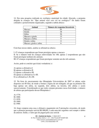 CE - Central de Ensino – F.3063 4019
R. Prof. Rubião Meira, n. 31 – São Paulo/SP 05409 020
http://www.centraldeensino.com.br
CNPJ: 07275065/0001-99
4
14. Em uma pesquisa realizada no zoológico municipal da cidade Alazoala, a pergunta
dirigida às crianças foi: "Que animal você veio ver no zoológico?" Os dados foram
coletados e posteriormente organizados, segundo a tabela abaixo:
Animal Número de respostas favoráveis
Macaco 65
Girafa 38
Zebra 26
Macaco e girafa 15
Macaco e Zebra 9
Girafa e zebra 11
Macaco, girafa e zebra 6
Com base nesses dados, analise as afirmativas abaixo.
I. 47 crianças responderam que foram prestigiar apenas o macaco.
II. Se o número total de crianças entrevistadas foi 100, apenas 2 responderam que não
foram prestigiar nenhum dos animais.
III. 67 crianças responderam que foram prestigiar somente um dos três animais.
Assim, pode-se concluir que é(são) verdadeira( s)
A) apenas a afirmativa I.
B) apenas a afirmativa II.
C) apenas a afirmativa III.
D) apenas as afirmativas I e III.
E) as afirmativas I, II e III.
15. Na festa de encerramento das Olimpíadas Universitárias de 2007 os atletas serão
dispostos em 60 filas, de modo a formar a figura de um triângulo, tal que na primeira fila
haja apenas um atleta, na segunda, dois atletas, na terceira, três atletas e assim
sucessivamente. Considerando-se que todos estejam presentes nessa festividade, o número
de atletas que participarão dessas Olimpíadas é
A) 1770.
B) 1800.
C) 1830.
D) 1860.
E) 1900.
16. Jorge comprou uma casa e efetuará o pagamento em 9 prestações crescentes, de modo
que a primeira prestação será de R$ 800,00, e cada uma das seguintes será sempre o dobro
da anterior. Então, o valor que ele pagará pela casa será de
 