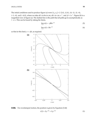OSCILLATIONS 99
The initial conditions used to produce figure (a) were ( ) ( )
0 0 2 4
x v
, = − , , (1 4)
, , , ( ,
, and , where we take all x to be in cm, all v in cm
(4 1)
,− 1 4)
,−
( 1 4)
− ,− ( 4 0)
− , 1
s−
⋅ , and . Figure (b) is a
magnified view of figure (a). The dashed line is the path that all paths go to asymptotically as
t → ∞. This can be found by taking the limits.
1
1 s−
β =
lim ( ) t
t
v t Bte β
β −
→∞
= − (5)
lim ( ) t
t
x t Bte β
−
→∞
= (6)
so that in this limit, v = –βx, as required.
–4 –2 0 2 4
–4
–3
–2
–1
0
1
2
3
4
x (cm)
v
(cm/s)
–0.5 –0.25 0 0.25 0.5
–0.4
–0.2
0
0.2
0.4
x (cm)
v
(cm/s)
(a)
(b)
3-22. For overdamped motion, the position is given by Equation (3.44)
( ) 1
1 2
t
x t A e A e 2t
β β
−
= + −
(1)
 