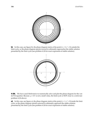 146 CHAPTER 4
x
.
x
–2 –1 1 2
–2
–1
1
2
–2 –1 1 2 3
–2
–1
1
2
b) In this case, see figure b), the phase diagram starts at the point (x = 3, x′ = 0) outside the
limit cycle, so the phase diagram spirals inward to ultimately approaches the stable solution
presented by the limit cycle (see problem 4-24 for exact expression of stable solution).
x
.
x
4-26. We have used Mathematica to numerically solve and plot the phase diagram for the van
de Pol equation. Because 0.5
µ = is not a small value, the limit cycle is NOT close to a circle (see
problem 4-24 above).
a) In this case, see figure a), the phase diagram starts at the point (x = 1, x′ = 0) inside the limit
cycle, so the phase diagram spirals outward to ultimately approach the stable solution
presented by the limit cycle (see problem 4-24 for exact expression of stable solution).
 