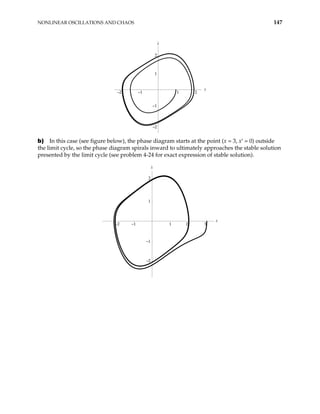 NONLINEAR OSCILLATIONS AND CHAOS 147
x
.
x
–2 –1 1 2
–2
–1
1
2
–2 –1 1 2 3
–2
–1
1
2
b) In this case (see figure below), the phase diagram starts at the point (x = 3, x′ = 0) outside
the limit cycle, so the phase diagram spirals inward to ultimately approaches the stable solution
presented by the limit cycle (see problem 4-24 for exact expression of stable solution).
x
.
x
 