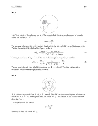GRAVITATION 159
5-12.
O
P
dm
R
r
r'
Let P be a point on the spherical surface. The potential dΦ due to a small amount of mass dm
inside the surface at P is
Gdm
d
r
Φ = − (1)
The average value over the entire surface due to dm is the integral of (1) over dΩ divided by 4π.
Writing this out with the help of the figure, we have
2
0 2
2 sin
4 2 cos
ave
d
Gdm
R r R
r
π
d
π θ θ
π θ
Φ = −
+ − ′
′
∫ (2)
Making the obvious change of variable and performing the integration, we obtain
1
2
1 2
4 2
ave
Gdm du Gdm
R
R r Ru
r
π −
Φ = − = −
+ − ′
′
∫
d (3)
We can now integrate over all of the mass and get ave Gm R
Φ = − . This is a mathematical
statement equivalent to the problem’s assertion.
5-13.
R1
R2
R0
ρ2
ρ1
0
R = position of particle. For , we calculate the force by assuming that all mass for
which is at r = 0, and neglect mass for which . The force is in the radially inward
direction ( − ).
1 0
R R R
< < 2
0
r R
<
e
0
r R
>
r
The magnitude of the force is
2
0
GMm
F
R
=
where M = mass for which 0
r R
<
 