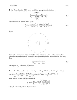 GRAVITATION 163
5-18. From Equation (5.55), we have with the appropriate substitutions
2
3
3
moon
2
sun
3
3
2
3
2
m
m es
s s
es
GM r
gD
h M
GM r
h M
gR
R
D
 
= =  
 
(1)
Substitution of the known values gives
3
22 11
moon
30 8
sun
7 350 10 kg 1 495 10 m
2 2
1 993 10 kg 3 84 10 m
h
h
 
. × . ×
=  
. × . ×
 
. (2)
5-19.
ωearth
ωmoon
Because the moon’s orbit about the Earth is in the same sense as the Earth’s rotation, the
difference of their frequencies will be half the observed frequency at which we see high tides.
Thus
tides earth moon
1 1 1
2T T T
= − (1)
which gives T 12 hours, 27 minutes.
tides
5-20. The differential potential created by a thin loop of thickness dr at the point (0,0,z) is
( )
( )
2
2 2
2 2 2
2 2 2 2
2 2
( ) ( ) ( )
G rdrM GM d r GM
d z z d z z R z
R R R
z r z r
π
π
− − −
Φ = = ⇒ Φ = Φ = + −
+ +
∫
Then one can find the gravity acceleration,
2 2
2 2 2
2
ˆ ˆ
( )
d GM z R
k k
dz R z R
 
z
g z
Φ + −
= − = −  
 
+
where is the unit vector in the z-direction.
k̂
 