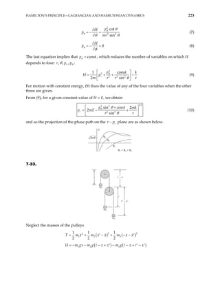 HAMILTON’S PRINCIPLE—LAGRANGIAN AND HAMILTONIAN DYNAMICS 223
2
2 2
cot
sin
p
H
p
mr
φ
θ
θ
θ θ
∂
= − =
∂
(7)
0
H
pφ
φ
∂
= − =
∂
(8)
The last equation implies that const
pφ = , which reduces the number of variables on which H
depends to four: , , ,
r
r p pθ
θ :
2
2
2 2 2
1 const
2 sin
r
p k
H p
m r r
θ
θ
 
= + +

  r
−
 (9)
For motion with constant energy, (9) fixes the value of any of the four variables when the other
three are given.
From (9), for a given constant value of H = E, we obtain
1 2
2 2
2 2
sin 2
2
sin
r
p const mk
E
r r
θ θ
θ
 
+
= − +

 
p m (10)

and so the projection of the phase path on the r r
p
− plane are as shown below.
pr
θ3
θ2
θ1
θ1 < θ2 < θ3
2mE
7-33.
m1
m2
m3
x′
x
Neglect the masses of the pulleys
( ) ( )
2 2
2
1 2 3
1 1 1
2 2 2
x m x x m x x
= + − + − −
T m ′ ′
( ) ( )
1 2 3
m gx m g x x m g x x
= − − − + − − + −
U ′ ′ ′
 