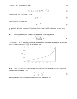 DYNAMICS OF A SYSTEM OF PARTICLES 289
( ) ( )
2
2
2 2
2
x
p x u u t
ρ
ρ ρ
∆ = ∆ ⋅ = ∆ = ∆t (4)
Equating this with the net force gives
2
1 2
2
x
T T
ρ
+ = (5)
Using equation (3), we obtain
2
1
4
x
T
ρ
= (6)
as required. Note that equation (5) holds true for both the free fall and energy conservation
cases.
9-17. As the problem states, we need to perform the following integral
( )
1 2
1 2
2 1
d
ε
α
τ α
α α
−
=
−
∫ (1)
Our choice of ε is 10 for this calculation, and the results are shown in the figure. We plot the
natural velocity
4
−
2
d d x gb
α τ = vs. the natural time τ.
0 0.1 0.2 0.3 0.4 0.5 0.6 0.7 0.8
0
0.5
1
1.5
2
τ
d
d
α
τ
9-18. Once we have solved Problem 9-17, it becomes an easy matter to write the expression
for the tension (Equation 9.18):
( )
2
1 2 6
2 1 2
T
mg
α α
α
+ −
=
−
(1)
This is plotted vs. the natural time using the solution of Problem 9-17.
 