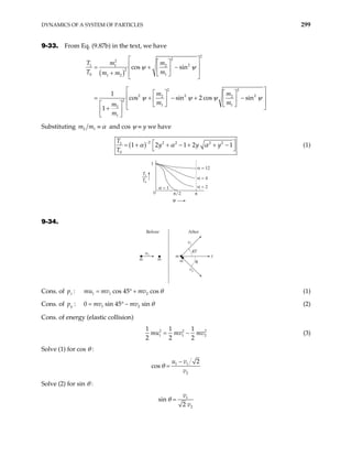 DYNAMICS OF A SYSTEM OF PARTICLES 299
9-33. From Eq. (9.87b) in the text, we have
( )
2
2
2
2
1 1 2
2
0 1
1 2
2 2
2 2
2 2
2
1 1
2
1
cos sin
1
cos sin 2 cos sin
1
T m m
T m
m m
m m
m m
m
m
ψ ψ
2
ψ ψ ψ
 
 
 
= + −
 
 
+  
 
 
   
 
= + − + −
   
 
     
 
+
 
 
ψ
Substituting 2 1
m m α
≡ and cos ψ ≡ y we have
( ) 2 2 2 2 2
1
0
1 2 1 2
T
y y y
T
α α α
−
1
 
+ − + + −
= +
 
(1)
α = 12
α = 4
α = 2
α = 1
π/2
ψ
π
1
0
T
T
1
0
9-34.
Before After
45˚
m
m
m
x
m
v2
v1
u1
θ
Cons. of z
p : 1 1 2
cos 45 cos
mu mv mv θ
= ° + (1)
Cons. of y
p : 1 2
0 sin 45 si
mv mv n θ
= ° − (2)
Cons. of energy (elastic collision)
2 2
1 1
1 1 1
2 2 2
mu mv mv
= − 2
2 (3)
Solve (1) for cos θ :
1 1
2
2
cos
u v
v
θ
−
=
Solve (2) for sin θ :
1
2
sin
2
v
v
θ =
 