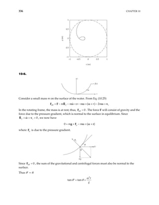 336 CHAPTER 10
–0.5 0 0.5 1
0.5
0
0.5
x (m)
y
(m)
1
–1
–1
10-6.
z
m
r
z = f(r)
Consider a small mass m on the surface of the water. From Eq. (10.25)
( )
eff 2
f r
m m m r m
= − − × − × × − ×
r v
ω ω ω ω
F F R
In the rotating frame, the mass is at rest; thus, eff 0
=
F . The force F will consist of gravity and the
force due to the pressure gradient, which is normal to the surface in equilibrium. Since
, we now have
0
f r
= = =
R v
ω
( )
0 p
m m
= + − × ×
g F r
ω ω
where p
F is due to the pressure gradient.
Fp
mg
mω2
r
θ′
θ
Since F , the sum of the gravitational and centrifugal forces must also be normal to the
surface.
eff 0
=
Thus θ′ = θ.
2
tan tan
r
g
ω
θ θ
= =
′
 