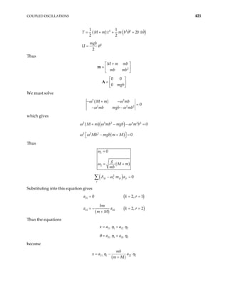 COUPLED OSCILLATIONS 421
( ) ( )
2 2 2
2
1 1
2
2 2
2
T M m x m b b x
mgb
U
θ θ
θ
= + + +
=
Thus
2
M m mb
mb mb
+
 
=  
 
m
0 0
0 mgb
 
=  
 
A
We must solve
( )
2 2
2 2
0
M m mb
mb mgb mb
ω ω
ω ω
− + −
2
=
− −
which gives
( )( )
( )
2 2 2 4 2
2 2 2
0
0
M m mb mgb m b
Mb mgb m M
ω ω ω
ω ω
+ − −
 
− + =
 
2
=
Thus
( )
1
2
0
g
M m
mb
ω
ω
=
= +
( )
2
0
jk r jk jr
j
A m a
ω
− =
∑
Substituting into this equation gives
( )
( )
( )
21
12 22
0 2
2, 2
a k
bm
a a k
m M
= =
= − = =
+
, 1
r
r
=
Thus the equations
11 1 12 2
21 1 22 2
x a a
a a
η η
θ η η
= +
= +
become
( )
11 1 22 2
mb
x a a
m M
η η
= −
+
 