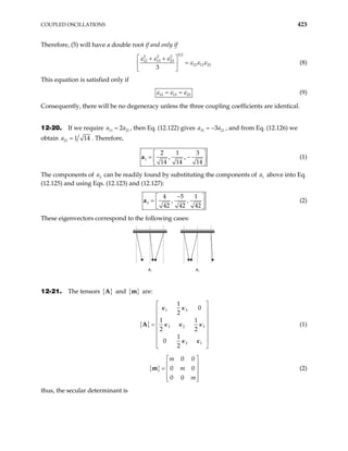 COUPLED OSCILLATIONS 423
Therefore, (5) will have a double root if and only if
3 2
2 2 2
12 13 23
12 13 23
3
ε ε ε
ε ε ε
 
+ +
=
 
 
(8)
This equation is satisfied only if
12 13 23
ε ε ε
= = (9)
Consequently, there will be no degeneracy unless the three coupling coefficients are identical.
12-20. If we require , then Eq. (12.122) gives
11 21
2
a a
= 31 21
3
a a
= − , and from Eq. (12.126) we
obtain 21 1 14
a = . Therefore,
1
2 1 3
, ,
14 14 14
 
= −
 
 
a (1)
The components of can be readily found by substituting the components of above into Eq.
(12.125) and using Eqs. (12.123) and (12.127):
2
a 1
a
2
4 5 1
, ,
42 42 42
−
 
=  
 
a (2)
These eigenvectors correspond to the following cases:
a1 a2
12-21. The tensors { }
A and { }
m are:
{ }
1 3
3 2 3
3 1
1
0
2
1
2 2
1
0
2
κ κ
1
κ κ κ
κ κ
 
 
 
 
=
 
 
 
 
A (1)
{ }
0 0
0
0 0
m
m
m
0
 
 
=  
 
 
m (2)
thus, the secular determinant is
 