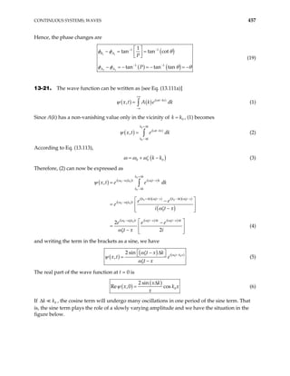 CONTINUOUS SYSTEMS; WAVES 457
Hence, the phase changes are
( )
( ) ( )
1 1
2 1
1 1
1 1
1
tan tan cot
tan tan tan
B A
A A
P
P
φ φ θ
φ φ θ
− −
− −
 
− = =
 
 
− = − = − = −θ
(19)
13-21. The wave function can be written as {see Eq. (13.111a)]
(1)
( ) ( ) ( )
, i t kx
x t A k e dk
ω
ψ
+∞
−
−∞
= ∫
Since A(k) has a non-vanishing value only in the vicinity of 0
k k
= , (1) becomes
(2)
( ) ( )
0
0
,
k k
i t kx
k k
x t e dk
ω
ψ
+∆
−
−∆
= ∫
According to Eq. (13.113),
( )
0 0 0
k k
ω ω ω
= + −
′ (3)
Therefore, (2) can now be expressed as
( ) ( ) ( )
( )
( )( ) ( )( )
( )
( ) ( ) ( )
0
0 0 0 0
0
0 0 0 0
0 0 0
0 0 0 0 0
0
0
,
2
2
k k
i w k t i t x k
k k
i k k t x i k k t x
i k t
i k t i t x k i t x k
x t e e dk
e e
e
i t x
e e e
t x i
+∆
− −
′ ′
−∆
+∆ − −∆ −
′ ′
− ′
− − ∆ − ∆
′ ′ ′
=
 
−
=  
−
′
 
 
 
−
= 
−
′  
 
∫
ω ω
ω ω
ω ω
ω ω ω ω
ψ
ω
ω
 (4)
and writing the term in the brackets as a sine, we have
( )
( ) ( )
0 0
0
0
2 sin
,
i t k x
t x k
x t e
t x
ω
ω
ψ
ω
−
 
− ∆
′
 
=
−
′
(5)
The real part of the wave function at t = 0 is
( )
( )
0
2 sin
Re ,0 cos
x k
x
x
ψ
∆
= k x (6)
If ∆ , the cosine term will undergo many oscillations in one period of the sine term. That
is, the sine term plays the role of a slowly varying amplitude and we have the situation in the
figure below.
0
k k
 