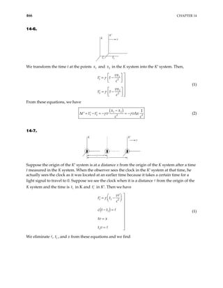 466 CHAPTER 14
14-6.
K′
v
x1 x2
K
We transform the time t at the points and in the K system into the K′ system. Then,
1
x 2
x
1
1 2
2
2 2
vx
t t
c
vx
t t
c

 
= −
′ 
 
 


  
= −
′   
  
γ
γ
(1)
From these equations, we have
( )
1 2
1 2 2
1
x x
t t t v v x
c c
−
− = − = − ∆
′ ′ ′ γ γ 2
∆ = (2)
14-7.
K K′
v
x
Suppose the origin of the K′ system is at a distance x from the origin of the K system after a time
t measured in the K system. When the observer sees the clock in the K′ system at that time, he
actually sees the clock as it was located at an earlier time because it takes a certain time for a
light signal to travel to 0. Suppose we see the clock when it is a distance from the origin of the
K system and the time is t in K and
1 1
t′ in K′. Then we have
( )
1 1 2
1
1
v
t t
c
c t t
tv x
t v
γ

 
= −
′   
 


− = 


=


= 
(1)
We eliminate , t , and x from these equations and we find
1
 