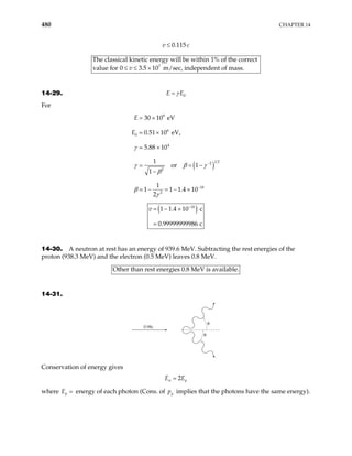 480 CHAPTER 14
0.115
v c
≤
7
The classical kinetic energy will be within 1% of the correct
for 0 3.5 10 m/sec, independent of mass.
v ×
value ≤ ≤
14-29. 0
E E
γ
=
For
( )
9
6
0
4
1 2
2
2
10
2
30 10 eV
0.51 10 eV,
5.88 10
1
or 1
1
1
1 1 1.4 10
2
E
E
γ
γ β
β
β
γ
−
−
= ×
×
×
= =
−
− = − ×
γ
−
( )
10
1 1.4 10 c
0.99999999986 c
v −
= − ×
=
14-30. A neutron at rest has an energy of 939.6 MeV. Subtracting the rest energies of the
proton (938.3 MeV) and the electron (0.5 MeV) leaves 0.8 MeV.
Other than rest energies 0.8 MeV is available.
14-31.
0.98c
θ
θ
Conservation of energy gives
2 p
E E
π =
where E energy of each photon (Cons. of
p = y
p implies that the photons have the same energy).
 