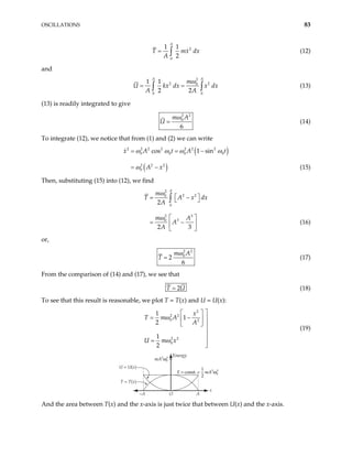 OSCILLATIONS 83
2
0
1 1
2
A
T mx
A
= ∫ dx (12)
and
2
2 0
0 0
1 1
2 2
A A
m
U kx dx x
A A
ω
= =
∫
2
dx
∫ (13)
(13) is readily integrated to give
2 2
0
6
m A
U
ω
= (14)
To integrate (12), we notice that from (1) and (2) we can write
( )
( )
2 2 2 2 2 2 2
0 0 0
2 2 2
0
cos 1 sin
x A t A
A x
0t
ω ω ω ω
ω
= = −
= − (15)
Then, substituting (15) into (12), we find
2
2 2
0
0
2 3
3
0
2
2 3
A
m
T A x
A
m A
A
A
ω
ω
dx
 
= −
 
 
= −
 
 
∫
(16)
or,
2 2
0
2
6
m A
T
ω
= (17)
From the comparison of (14) and (17), we see that
2
T U
= (18)
To see that this result is reasonable, we plot T = T(x) and U = U(x):
2
2 2
0 2
2 2
0
1
1
2
1
2
x
T m A
A
U m x
ω
ω

 
= − 
 
  


= 

(19)
U = U(x)
T = T(x)
A
Energy
–A O
x
mA2
0
2
ω
E mA
= =
const.
1
2
2
0
2
ω
And the area between T(x) and the x-axis is just twice that between U(x) and the x-axis.
 
