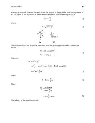OSCILLATIONS 87
where α is the angle between the vertical and the tangent to the cycloidal path at the position of
m. The cosine of α is expressed in terms of the differentials shown in the figure (b) as
cos
dy
ds
α = (2)
where
2
ds dx dy
= + 2
(3)
α
α
m
mg
F
dx
dy
S
ds
(a) (b)
The differentials, dx and dy, can be computed from the defining equations for x(φ) and y(φ)
above:
( )
1 cos
sin
dx a d
dy a d
φ φ
φ φ

= −


= − 
(4)
Therefore,
( ) ( )
2 2 2
2
2 2 2 2
2 2 2
1 cos sin 2 1 cos
in
2
ds dx dy
a d a
a d
2
d
4 s
φ φ φ φ φ
φ
φ
= +
 
= − + = −
 
= (5)
so that
2 sin
2
ds a d
φ
φ
= (6)
Thus,
sin
2 sin
2
cos cos
2
dy a d
ds a d
φ φ
φ
φ
φ
α
−
=
= − = (7)
The velocity of the pendulum bob is
 