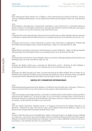 Legislação
178 Material Digital Editora solução®
PROFESSOR
Secretaria da Educação do Estado de São Paulo
Educação Básica II - PEB II
Resolução SE 52, de 14/08/2013
1966
Pacto Internacional Sobre Direitos Civis e Políticos e Pacto Internacional dos Direitos Econômicos, Sociais e
Culturais. Adotados pela Resolução n.2.200-A (XXI) da Assembleia Geral das Nações Unidas, em 16 de dezembro
de 1966.
1974
Recomendação a educação para a compreensão, cooperação e a paz internacionais e a educação relativa aos
Direitos Humanos e às liberdades fundamentais. Aprovada pela Conferência Geral da ONU para a Educação, a
Ciência e a Cultura, em sua 18.ª reunião, dia 19 de novembro de 1974.
1979
Convenção sobre a eliminação de todas as formas de discriminação contra a mulher. Adotada e aberta à assinatura
e ratificação ou adesão pela Assembleia Geral em sua resolução 34/180, de 18 de dezembro de 1979. (art. 10)
1984
Convenção contra tortura e outros tratamentos ou penas cruéis, desumanos ou degradantes. Adotada pela
Assembleia Geral das Nações Unidas, através da Resolução n. 39/46, em 10 de dezembro de 1984.
1985
Regras Mínimas das Nações Unidas para a Administração da Justiça de Menores - Regras de Beijing. Adotadas
pela Assembleia Geral das Nações Unidas na sua resolução 40/33, de 29 de Novembro de 1985.
1989
Convenção sobre os Direitos da Criança. Adotada e aberta à assinatura e ratificação pela Assembleia Geral em sua
Resolução 44/25, de 20 de novembro de 1989. (art. 29)
1990
Diretrizes das Nações Unidas para a prevenção da delinquência juvenil – Diretrizes de Riad. Adotadas e
proclamadas pela Assembleia Geral em sua resolução 45/112, de 14 de dezembro de 1990.
2000
Declaração das ONGs Educação para Todos, Consulta Internacional de ONGS (CCNGO), feita em Dakar, dia 25
deAbril de 2000. Protocolo Facultativo para a Convenção dos Direitos da Criança, Venda de crianças, pornografia
e prostituição infantil. Adotado pela Assembleia Geral das Nações Unidas, em 25 de maio de 2000.
UNESCO, OIT E CONGRESSOS INTERNACIONAIS
1978
Declaraçãosobrearaçaeosprejuízosraciais.Adotada na Conferência Geral da ONU para a Educação, a Ciência e a
Cultura, reunida em Paris em sua 20ª reunião, de 24 de outubro a 28 de novembro de 1978.
1989
C169 Conveniosobre povosindígenasetribais. Convocado em Genebra pelo Conselho deAdministração da Oficina
Internacional do Trabalho, dia 7 de junho de 1989, em sua 76ª reunião. Convenção sobre o Ensino Técnico e
Profissional. Adotada na Conferência Geral da ONU para a Educação, a Ciência e a Cultura, reunida em Paris de 17
de outubro a 16 de novembro de 1989 em sua 25ª reunião.
1990
Carta das Cidades Educadoras. Adotada durante o 1º Congresso Internacional das Cidades Educadoras, em
Barcelona - Novembro de 1990. Esta Carta foi revista no III Congresso Internacional (Bolonha, 1994) e no de
Gênova (2004). Proposta Definitiva datada de Novembro de 2004
1997
Convênio sobre Reconhecimento de Qualificações relativas à Educação Superior na Região Europeia. Adotado
em Lisboa, dia 11 de abril de 1997. Recomendação relativa à Condição do Pessoal Docente do Ensino Superior.
Adotada na Conferência Geral da ONU para a Educação, a Ciência e a Cultura (UNESCO), reunida em Paris de 21
de outubro a 12 de novembro de 1997, em sua 29ª reunião.
 