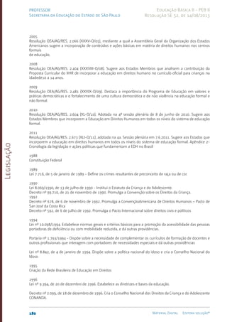 Legislação
180 Material Digital Editora solução®
PROFESSOR
Secretaria da Educação do Estado de São Paulo
Educação Básica II - PEB II
Resolução SE 52, de 14/08/2013
2005
Resolução OEA/AG/RES. 2.066 (XXXV-O/05), mediante a qual a Assembleia Geral da Organização dos Estados
Americanos sugere a incorporação de conteúdos e ações básicas em matéria de direitos humanos nos centros
formais
de educação.
2008
Resolução OEA/AG/RES. 2.404 (XXXVIII-O/08). Sugere aos Estados Membros que analisem a contribuição da
Proposta Curricular do IIHR de incorporar a educação em direitos humano no currículo oficial para crianças na
idadede10 a 14 anos.
2009
Resolução OEA/AG/RES. 2.481 (XXXIX-O/09). Destaca a importância do Programa de Educação em valores e
práticas democráticas e o fortalecimento de uma cultura democrática e de não violência na educação formal e
não formal.
2010
Resolução OEA/AG/RES. 2.604 (XL-O/10). Adotada na 4ª sessão plenária de 8 de junho de 2010. Sugere aos
Estados Membros que incorporem a Educação em Direitos Humanos em todos os níveis do sistema de educação
formal.
2011
Resolução OEA/AG/RES. 2.673 (XLI-O/11), adotada na 4a. Sessão plenária em 7.6.2011. Sugere aos Estados que
incorporem a educação em direitos humanos em todos os níveis do sistema de educação formal. Apêndice 2-
Cronologia da legislação e ações políticas que fundamentam a EDH no Brasil
1988
Constituição Federal
1989
Lei 7.716, de 5 de janeiro de 1989 - Define os crimes resultantes de preconceito de raça ou de cor.
1990
Lei 8.069/1990, de 13 de julho de 1990 - Institui o Estatuto da Criança e do Adolescente.
Decreto nº 99.710, de 21 de novembro de 1990. Promulga a Convenção sobre os Direitos da Criança.
1992
Decreto nº 678, de 6 de novembro de 1992. Promulga a ConvençãoAmericana de Direitos Humanos – Pacto de
San José da Costa Rica
Decreto nº 592, de 6 de julho de 1992. Promulga o Pacto Internacional sobre direitos civis e políticos
1994
Lei nº 10.098/1994. Estabelece normas gerais e critérios básicos para a promoção da acessibilidade das pessoas
portadoras de deficiência ou com mobilidade reduzida, e dá outras providências.
Portaria nº 1.793/1994 - Dispõe sobre a necessidade de complementar os currículos de formação de docentes e
outros profissionais que interagem com portadores de necessidades especiais e dá outras providências
Lei nº 8.842, de 4 de janeiro de 1994. Dispõe sobre a política nacional do idoso e cria o Conselho Nacional do
Idoso
1995
Criação da Rede Brasileira de Educação em Direitos
1996
Lei nº 9.394, de 20 de dezembro de 1996. Estabelece as diretrizes e bases da educação.
Decreto nº 2.099, de 18 de dezembro de 1996. Cria o Conselho Nacional dos Direitos da Criança e do Adolescente
CONANDA.
 