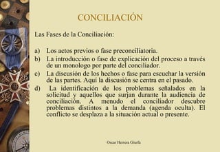 CONCILIACIÓN
Las Fases de la Conciliación:

a) Los actos previos o fase preconciliatoria.
b) La introducción o fase de explicación del proceso a través
   de un monologo por parte del conciliador.
c) La discusión de los hechos o fase para escuchar la versión
   de las partes. Aquí la discusión se centra en el pasado.
d) La identificación de los problemas señalados en la
   solicitud y aquellos que surjan durante la audiencia de
   conciliación. A menudo el conciliador descubre
   problemas distintos a la demanda (agenda oculta). El
   conflicto se desplaza a la situación actual o presente.



                          Oscar Herrera Giurfa
 