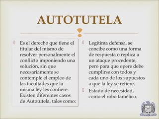 AUTOTUTELA 
 
 Es el derecho que tiene el 
titular del mismo de 
resolver personalmente el 
conflicto imponiendo una 
solución, sin que 
necesariamente se 
contemple el empleo de 
las facultades que la 
misma ley les confiere. 
Existen diferentes casos 
de Autotutela, tales como: 
 Legítima defensa, se 
concibe como una forma 
de respuesta o replica a 
un ataque procedente, 
pero para que opere debe 
cumplirse con todos y 
cada uno de los supuestos 
a que la ley se refiere. 
 Estado de necesidad, 
como el robo famélico. 
 