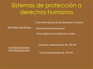 Sistemas de protección a
      derechos humanos
                    Corte Internacional de los Derechos Humanos

SISTEMA UNIVERSAL   Tribunal Penal Internacional

                    Otros órganos de la Naciones Unidas



                      Comisión Interamericana de DD HH
SISTEMA REGIONL
INTERAMERICANO
                       Corte Interamericana de DD HH
 