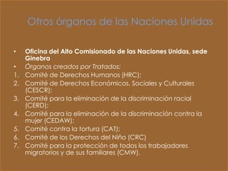 Otros órganos de las Naciones Unidas

•    Oficina del Alto Comisionado de las Naciones Unidas, sede
     Ginebra
•    Órganos creados por Tratados:
1.   Comité de Derechos Humanos (HRC);
2.   Comité de Derechos Económicos, Sociales y Culturales
     (CESCR);
3.   Comité para la eliminación de la discriminación racial
     (CERD);
4.   Comité para la eliminación de la discriminación contra la
     mujer (CEDAW);
5.   Comité contra la tortura (CAT);
6.   Comité de los Derechos del Niño (CRC)
7.   Comité para la protección de todos los trabajadores
     migratorios y de sus familiares (CMW).
 