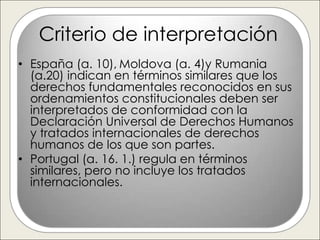 Criterio de interpretación
• España (a. 10), Moldova (a. 4)y Rumania
  (a.20) indican en términos similares que los
  derechos fundamentales reconocidos en sus
  ordenamientos constitucionales deben ser
  interpretados de conformidad con la
  Declaración Universal de Derechos Humanos
  y tratados internacionales de derechos
  humanos de los que son partes.
• Portugal (a. 16. 1.) regula en términos
  similares, pero no incluye los tratados
  internacionales.
 